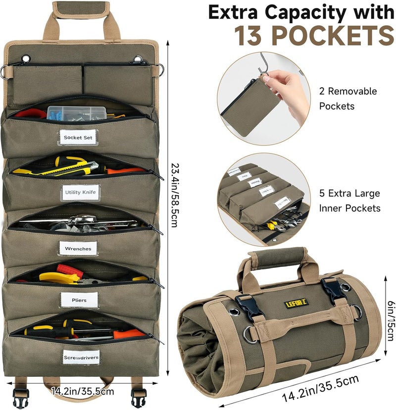 LEFORZ Tool Bag,Large Roll Up Tool Bag Organizer,13 Pockets Tool Roll Storage Pouch,Heavy Duty Portable Tool Storage Carrier Bag for Men,Mechanic,Electrician & Hobbyist,Olive Green - Image 2